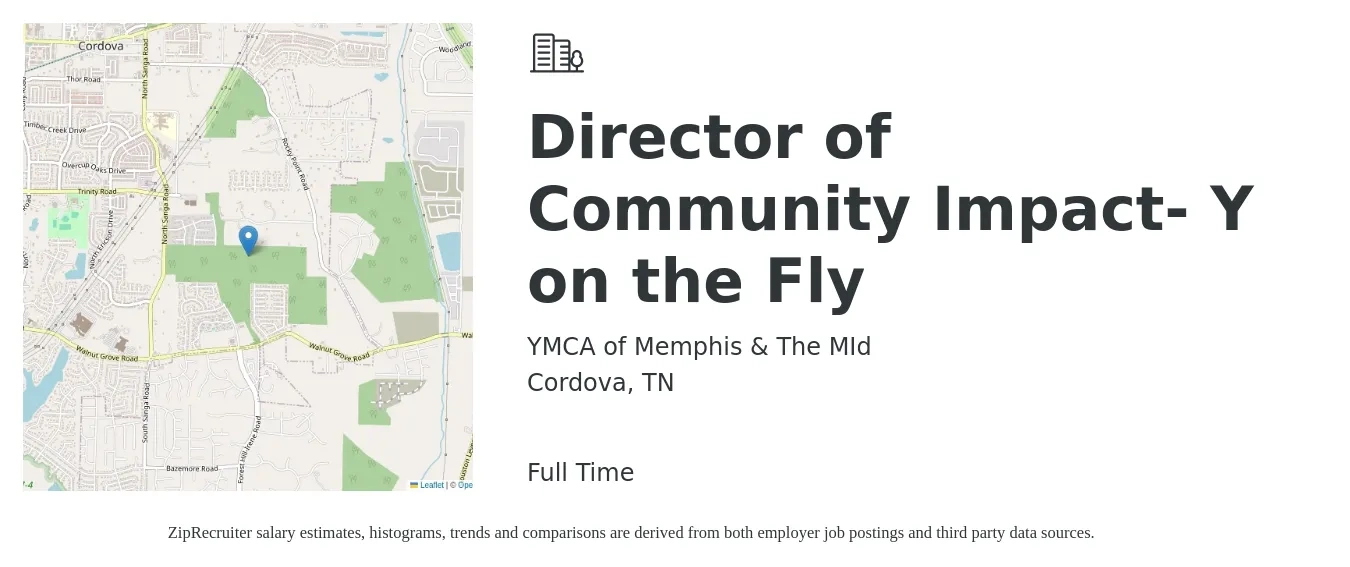 YMCA of Memphis & The MId job posting for a Director of Community Impact- Y on the Fly in Cordova, TN with a salary of $83,900 to $218,700 Yearly with a map of Cordova location.