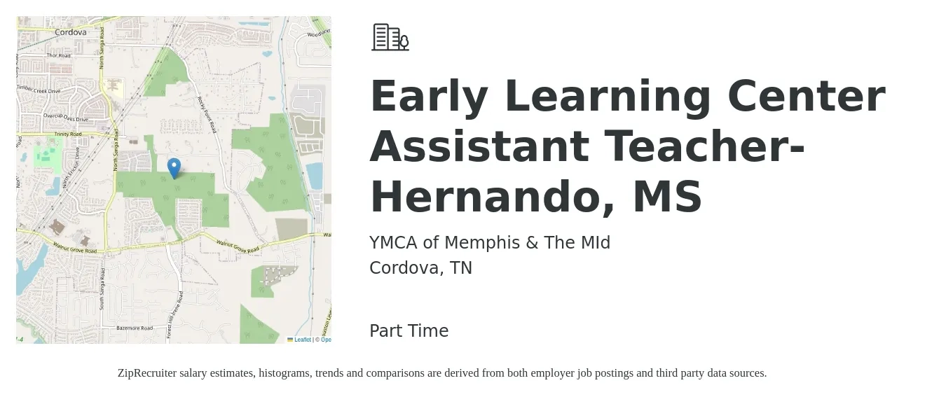 YMCA of Memphis & The MId job posting for a Early Learning Center Assistant Teacher- Hernando, MS in Cordova, TN with a salary of $12 to $15 Hourly with a map of Cordova location.