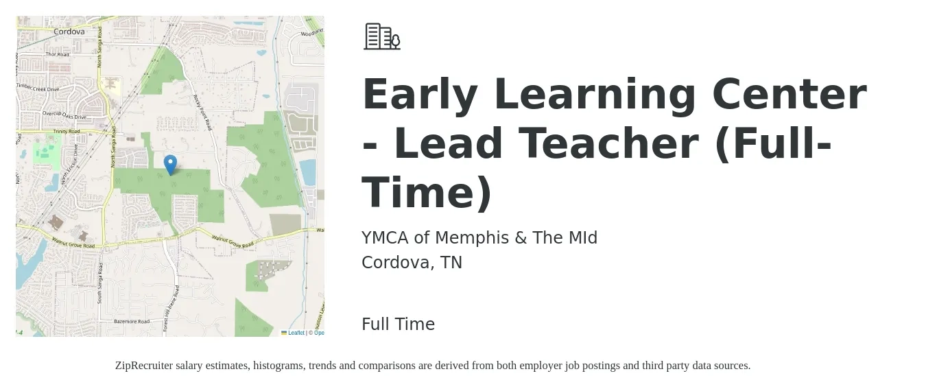 YMCA of Memphis & The MId job posting for a Early Learning Center - Lead Teacher (Full-Time) in Cordova, TN with a salary of $13 to $17 Hourly with a map of Cordova location.