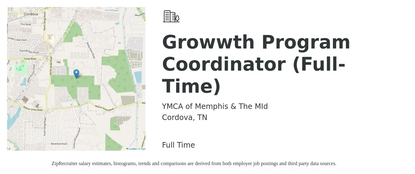 YMCA of Memphis & The MId job posting for a Growwth Program Coordinator (Full-Time) in Cordova, TN with a salary of $36,300 to $53,600 Yearly with a map of Cordova location.