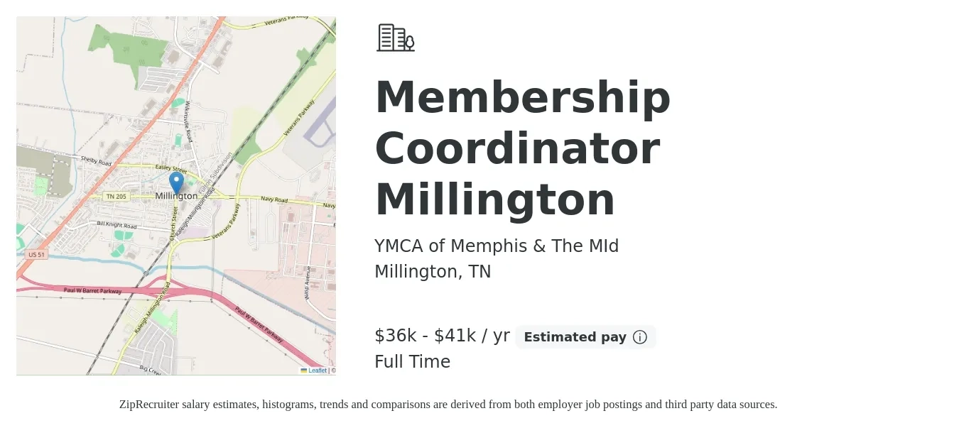 YMCA of Memphis & The MId job posting for a Membership Coordinator Millington in Millington, TN with a salary of $36,500 to $41,500 Yearly with a map of Millington location.