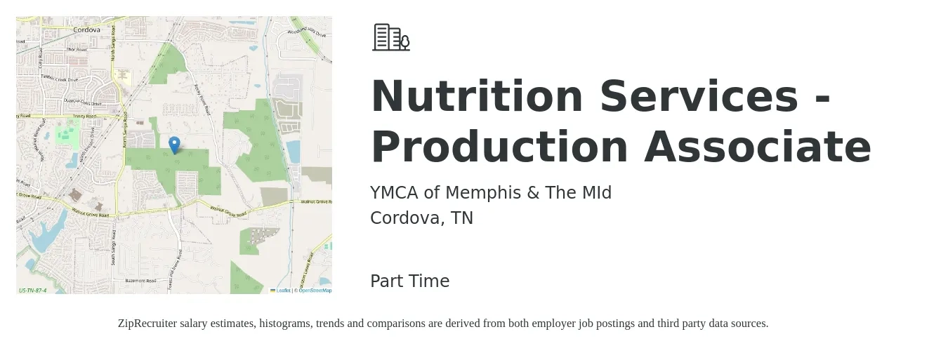 YMCA of Memphis & The MId job posting for a Nutrition Services - Production Associate in Cordova, TN with a salary of $13 to $16 Hourly with a map of Cordova location.