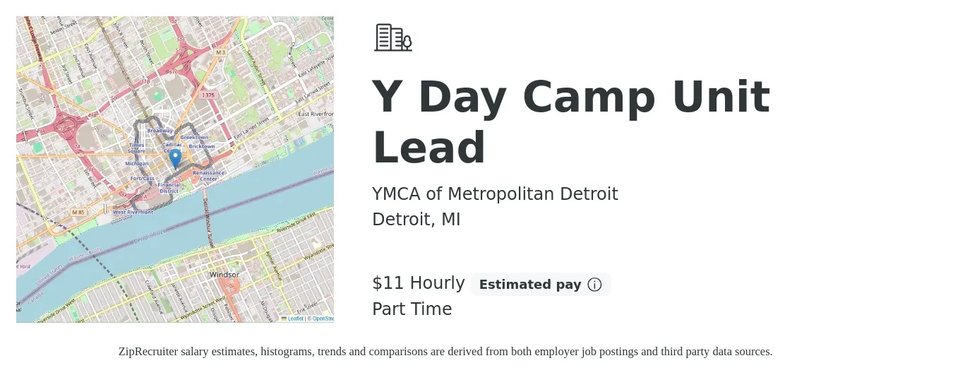 YMCA of Metropolitan Detroit job posting for a Y Day Camp Unit Lead in Detroit, MI with a salary of $12 Hourly with a map of Detroit location.
