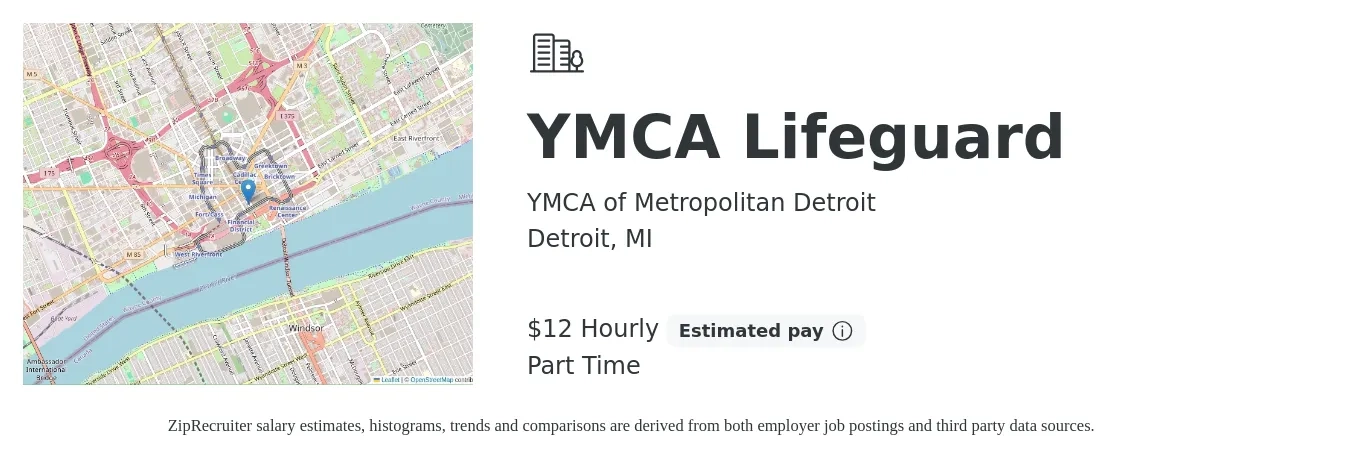 YMCA of Metropolitan Detroit job posting for a YMCA Lifeguard in Detroit, MI with a salary of $13 Hourly with a map of Detroit location.