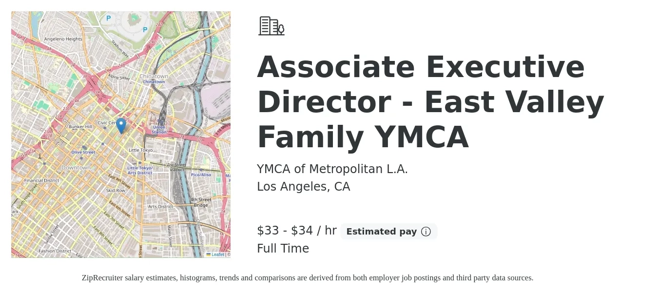 YMCA of Metropolitan L.A. job posting for a Associate Executive Director - East Valley Family YMCA in Los Angeles, CA with a salary of $72,400 to $75,000 Yearly with a map of Los Angeles location.