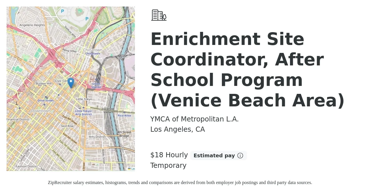 YMCA of Metropolitan L.A. job posting for a Enrichment Site Coordinator, After School Program (Venice Beach Area) in Los Angeles, CA with a salary of $19 Hourly with a map of Los Angeles location.