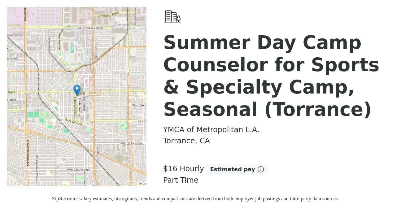 YMCA of Metropolitan L.A. job posting for a Summer Day Camp Counselor for Sports & Specialty Camp, Seasonal (Torrance) in Torrance, CA with a salary of $17 Hourly with a map of Torrance location.