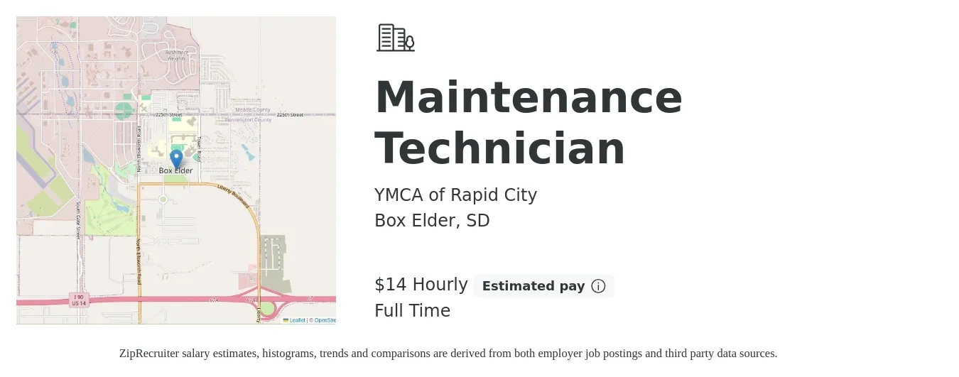 YMCA of Rapid City job posting for a Maintenance Technician in Box Elder, SD with a salary of $15 Hourly with a map of Box Elder location.