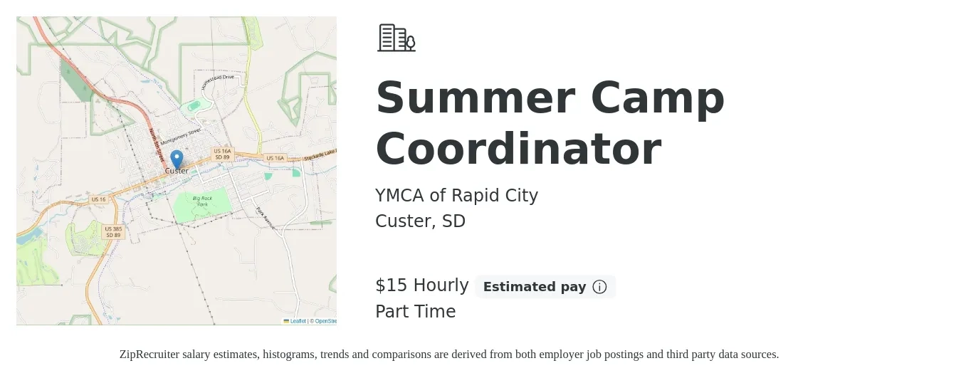 YMCA of Rapid City job posting for a Summer Camp Coordinator in Custer, SD with a salary of $16 Hourly with a map of Custer location.