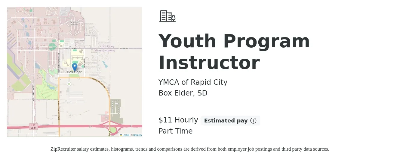 YMCA of Rapid City job posting for a Youth Program Instructor in Box Elder, SD with a salary of $12 Hourly with a map of Box Elder location.