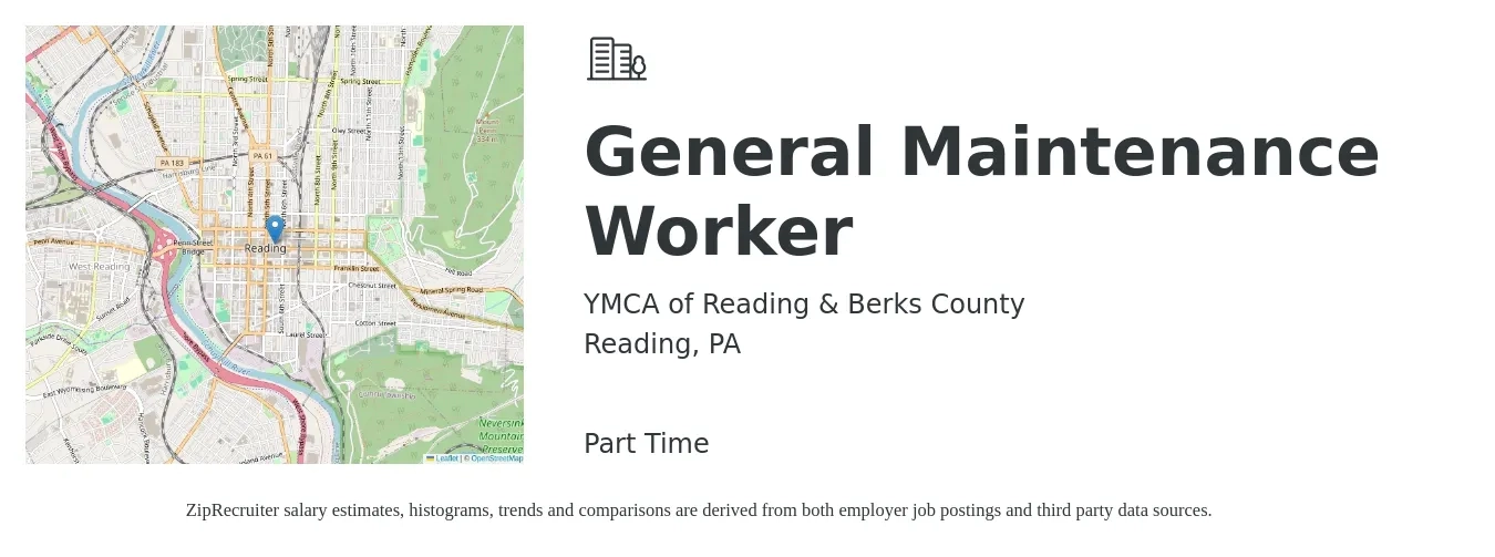 YMCA of Reading & Berks County job posting for a General Maintenance Worker in Reading, PA with a salary of $17 to $24 Hourly with a map of Reading location.