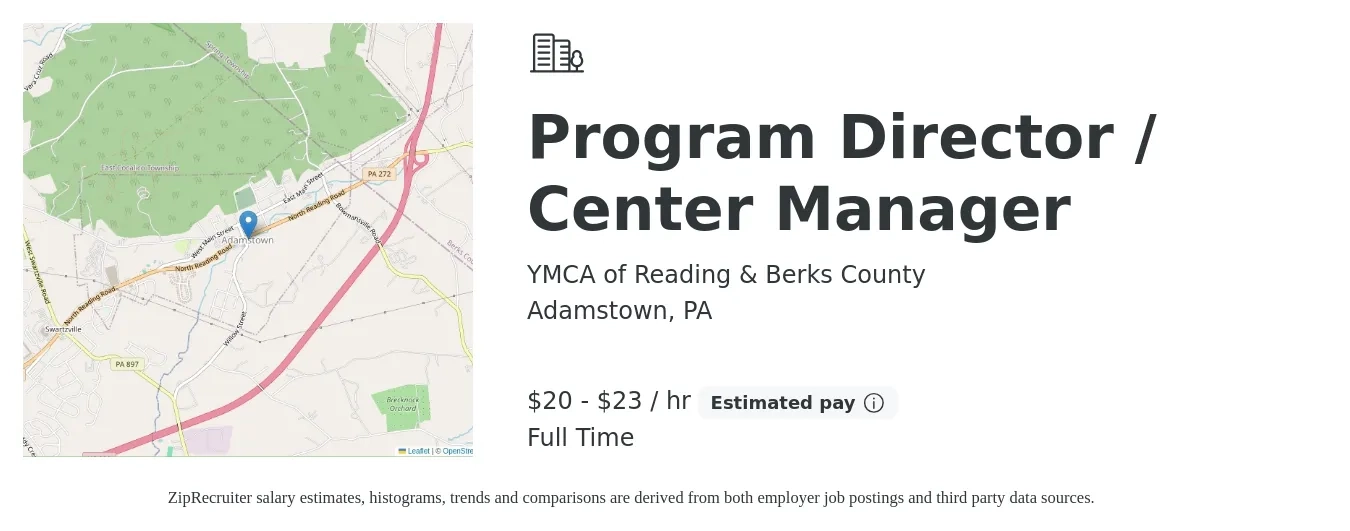 YMCA of Reading & Berks County job posting for a Program Director / Center Manager in Adamstown, PA with a salary of $45,000 to $50,000 Yearly with a map of Adamstown location.