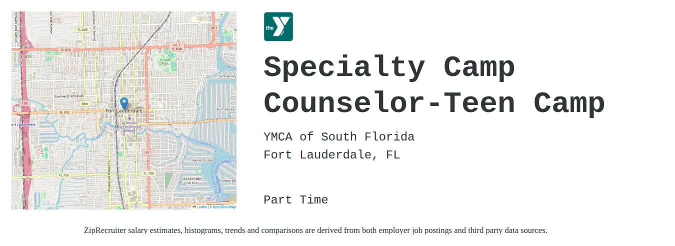 YMCA of South Florida job posting for a Specialty Camp Counselor-Teen Camp in Fort Lauderdale, FL with a salary of $12 to $17 Hourly with a map of Fort Lauderdale location.