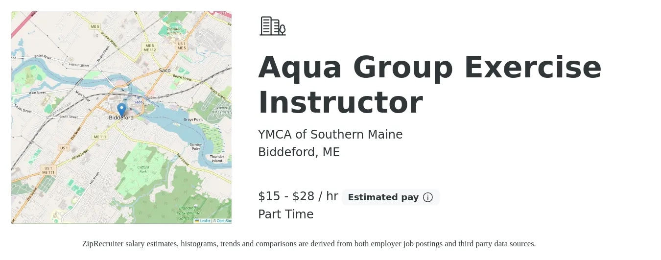 YMCA of Southern Maine job posting for a Aqua Group Exercise Instructor in Biddeford, ME with a salary of $16 to $30 Hourly with a map of Biddeford location.