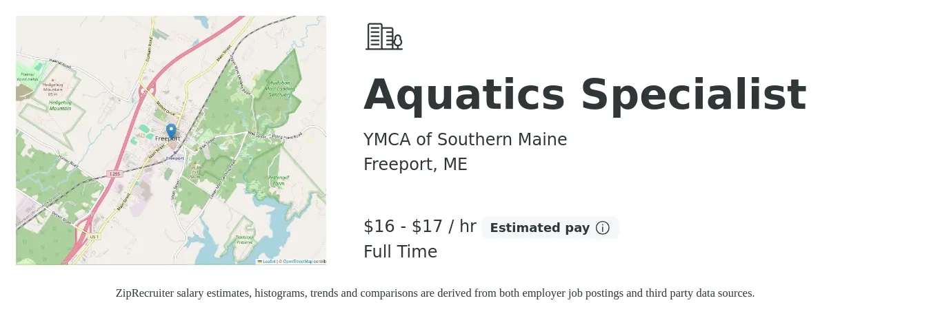 YMCA of Southern Maine job posting for a Aquatics Specialist in Freeport, ME with a salary of $17 to $18 Hourly with a map of Freeport location.
