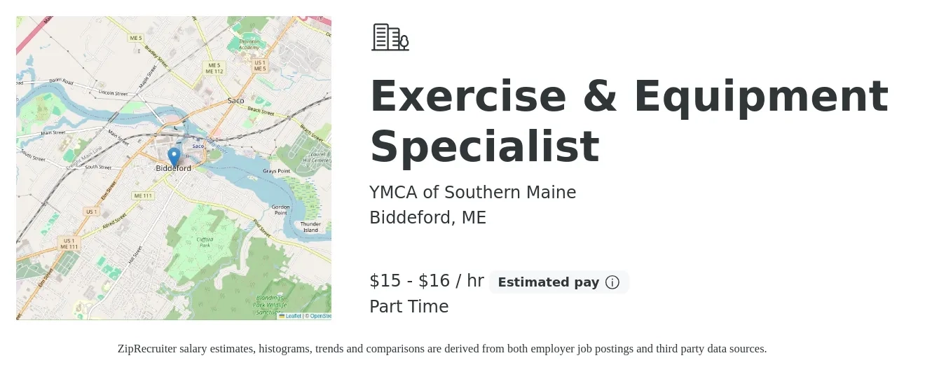 YMCA of Southern Maine job posting for a Exercise & Equipment Specialist in Biddeford, ME with a salary of $16 to $17 Hourly with a map of Biddeford location.