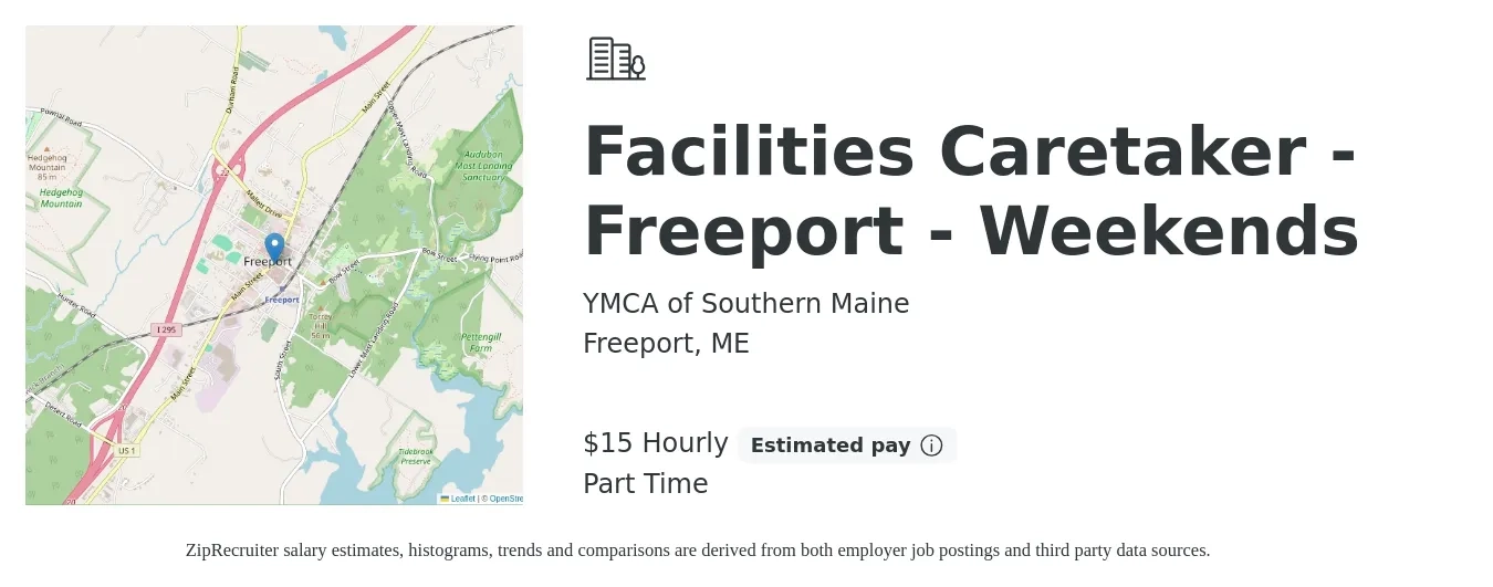 YMCA of Southern Maine job posting for a Facilities Caretaker - Freeport - Weekends in Freeport, ME with a salary of $16 to $16 Hourly with a map of Freeport location.