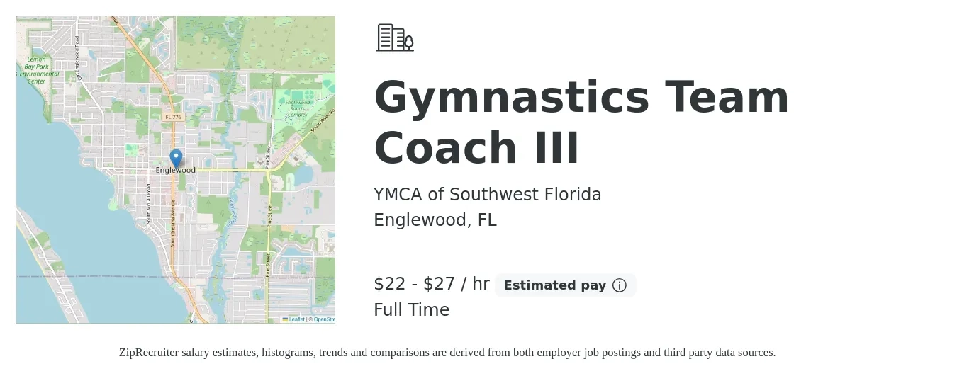 YMCA of Southwest Florida job posting for a Gymnastics Team Coach III in Englewood, FL with a salary of $23 to $29 Hourly with a map of Englewood location.