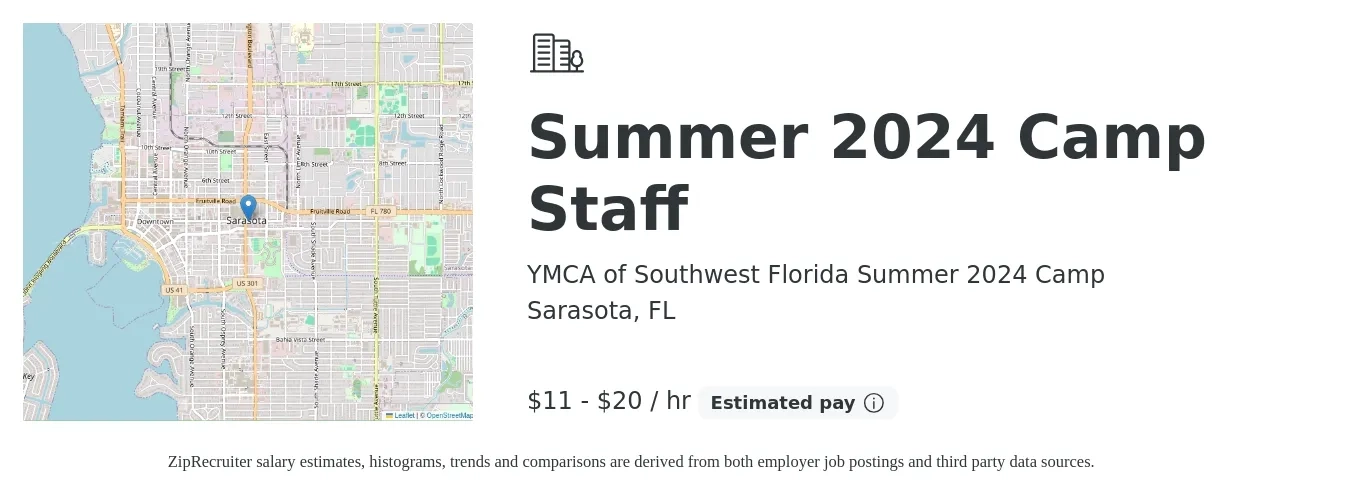 YMCA of Southwest Florida Summer 2024 Camp job posting for a Summer 2024 Camp Staff in Sarasota, FL with a salary of $12 to $21 Hourly with a map of Sarasota location.