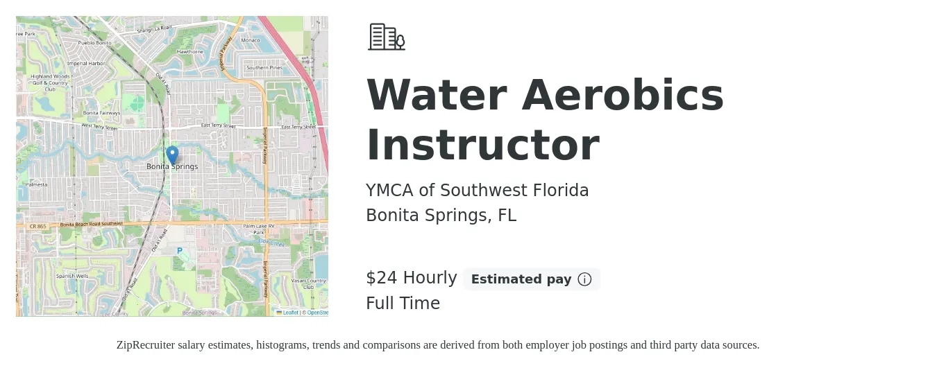 YMCA of Southwest Florida job posting for a Water Aerobics Instructor in Bonita Springs, FL with a salary of $25 Hourly with a map of Bonita Springs location.
