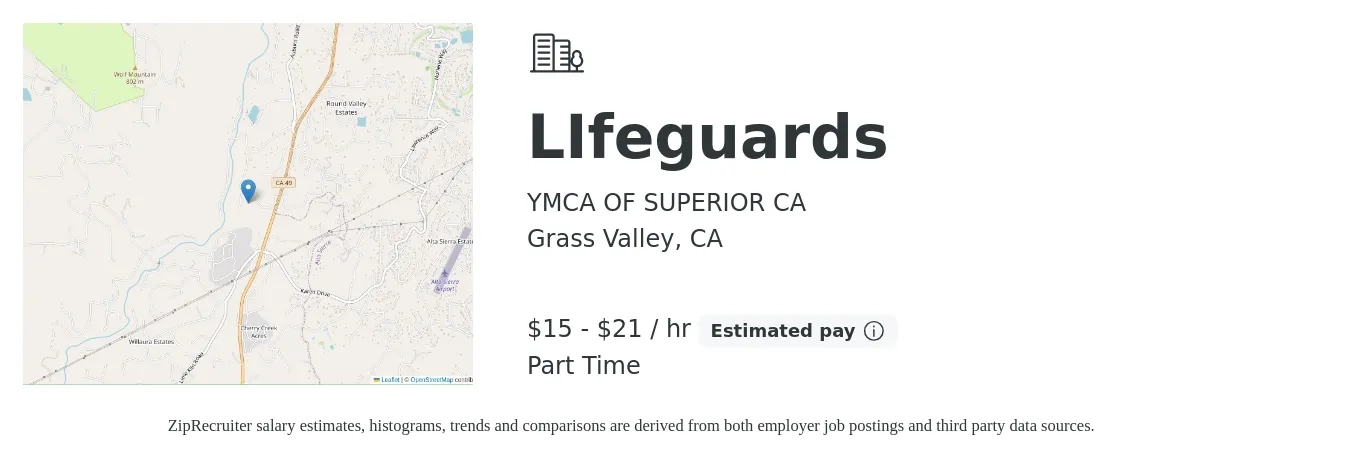YMCA OF SUPERIOR CA job posting for a LIfeguards in Grass Valley, CA with a salary of $16 to $22 Hourly with a map of Grass Valley location.