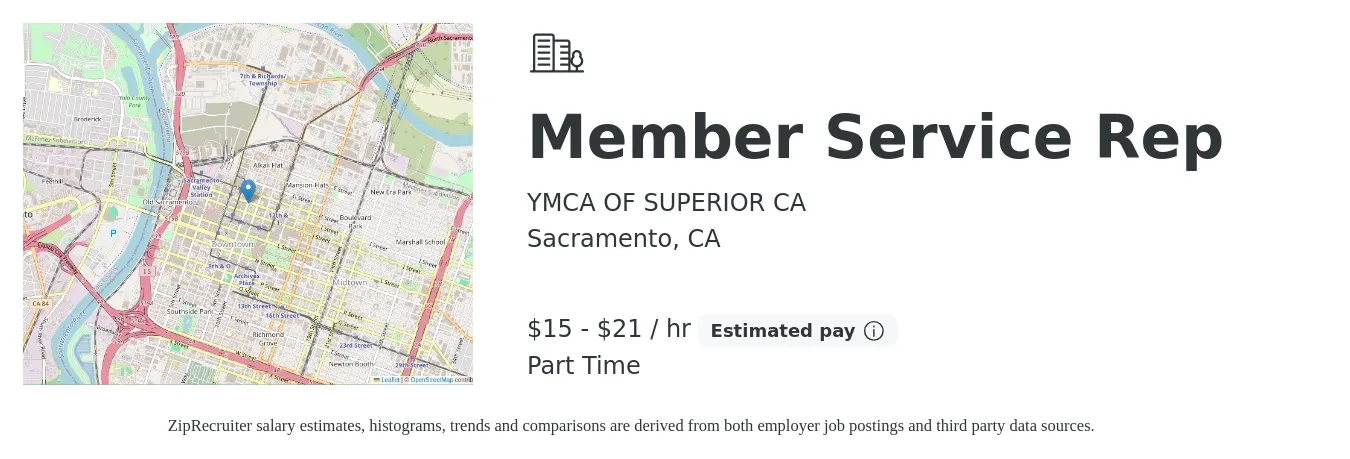 YMCA OF SUPERIOR CA job posting for a Member Service Rep in Sacramento, CA with a salary of $16 to $22 Hourly with a map of Sacramento location.