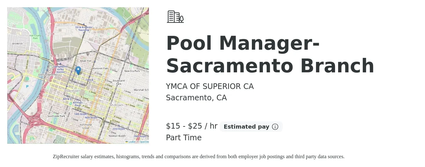 YMCA OF SUPERIOR CA job posting for a Pool Manager-Sacramento Branch in Sacramento, CA with a salary of $16 to $26 Hourly with a map of Sacramento location.