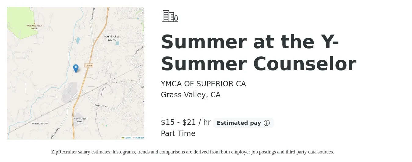 YMCA OF SUPERIOR CA job posting for a Summer at the Y-Summer Counselor in Grass Valley, CA with a salary of $16 to $22 Hourly with a map of Grass Valley location.