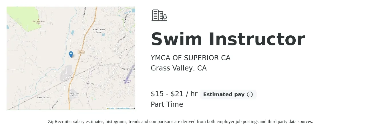 YMCA OF SUPERIOR CA job posting for a Swim Instructor in Grass Valley, CA with a salary of $16 to $22 Hourly with a map of Grass Valley location.