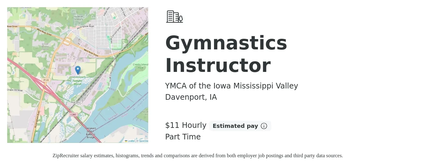 YMCA of the Iowa Mississippi Valley job posting for a Gymnastics Instructor in Davenport, IA with a salary of $12 Hourly with a map of Davenport location.