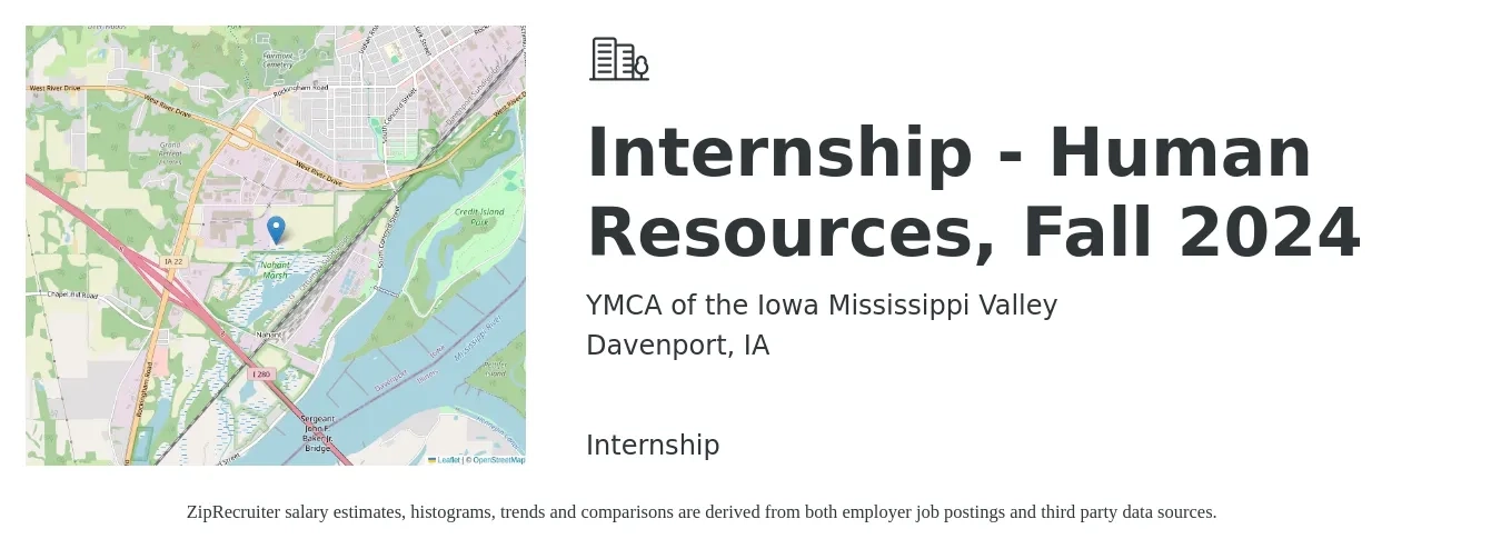 YMCA of the Iowa Mississippi Valley job posting for a Internship - Human Resources, Fall 2024 in Davenport, IA with a salary of $14 to $19 Hourly with a map of Davenport location.