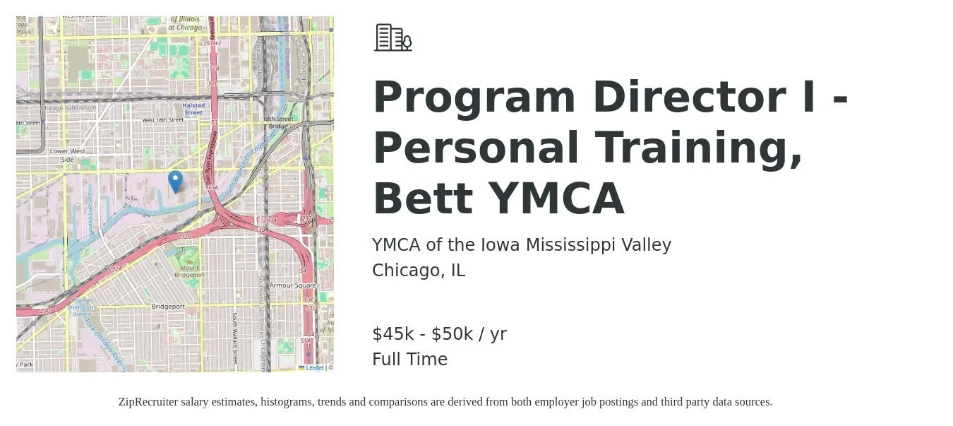 YMCA of the Iowa Mississippi Valley job posting for a Program Director I - Personal Training, Bett YMCA in Chicago, IL with a salary of $45,000 to $50,000 Yearly with a map of Chicago location.