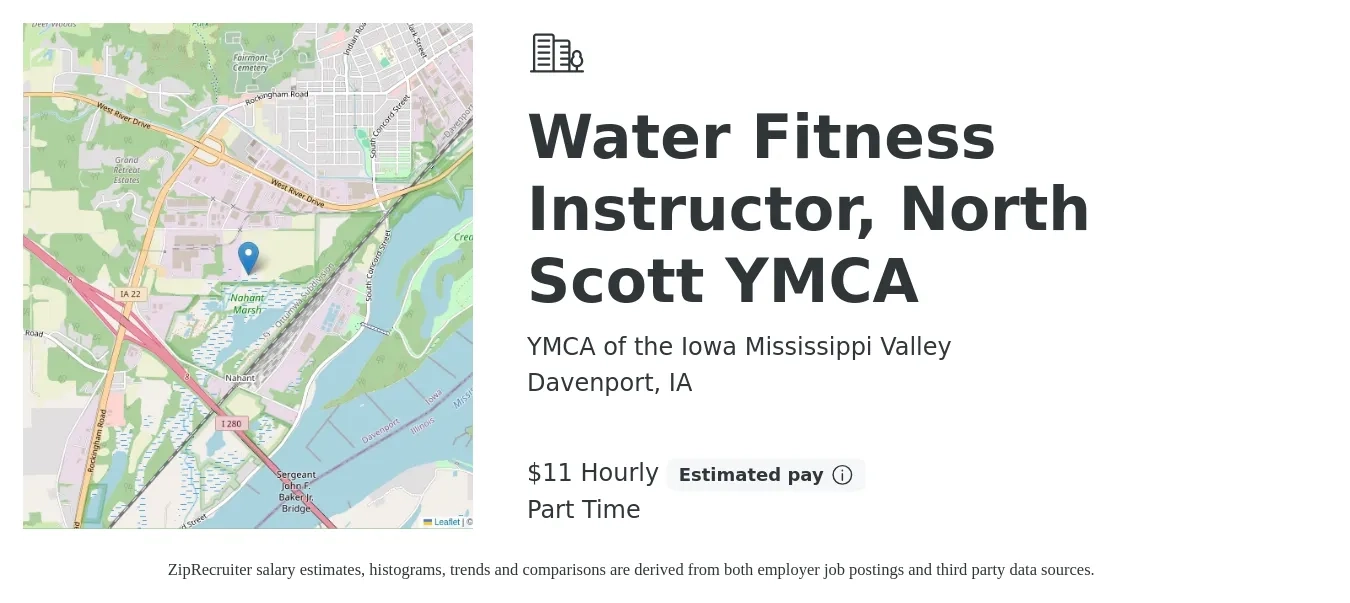 YMCA of the Iowa Mississippi Valley job posting for a Water Fitness Instructor, North Scott YMCA in Davenport, IA with a salary of $12 Hourly with a map of Davenport location.