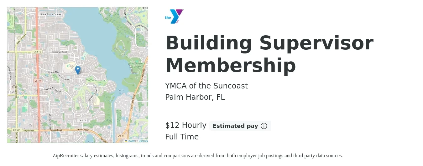 YMCA of the Suncoast job posting for a Building Supervisor Membership in Palm Harbor, FL with a salary of $12 to $13 Hourly with a map of Palm Harbor location.