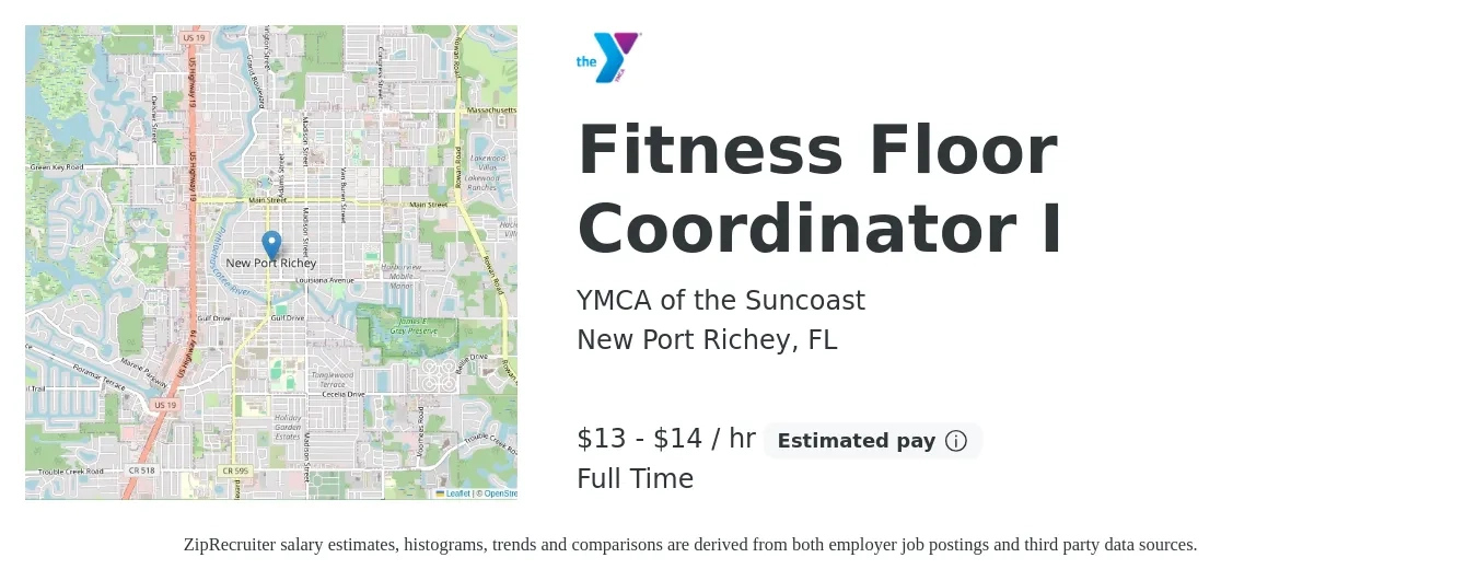 YMCA of the Suncoast job posting for a Fitness Floor Coordinator I in New Port Richey, FL with a salary of $14 to $15 Hourly with a map of New Port Richey location.