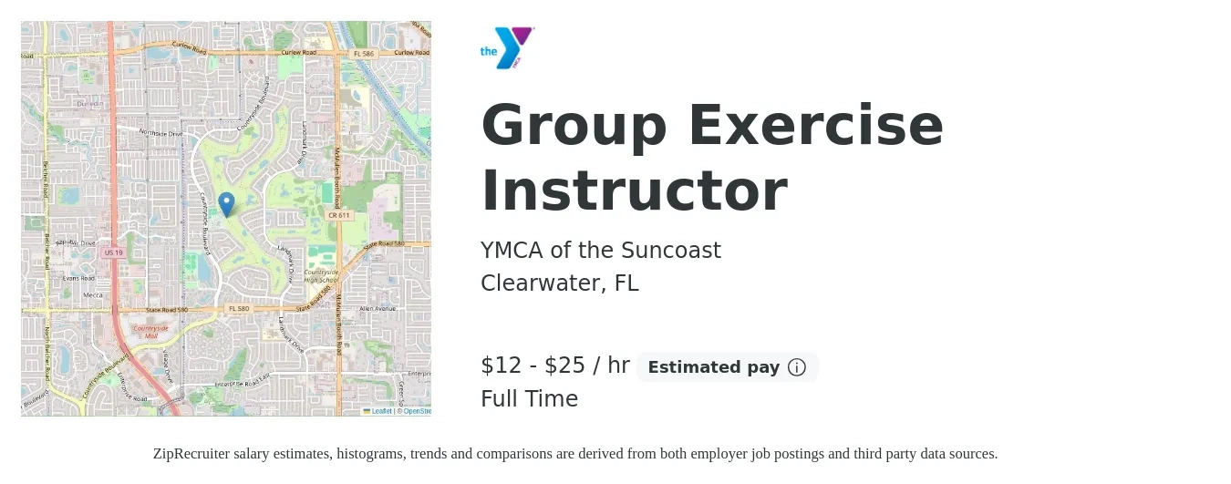 YMCA of the Suncoast job posting for a Group Exercise Instructor in Clearwater, FL with a salary of $14 to $26 Hourly with a map of Clearwater location.