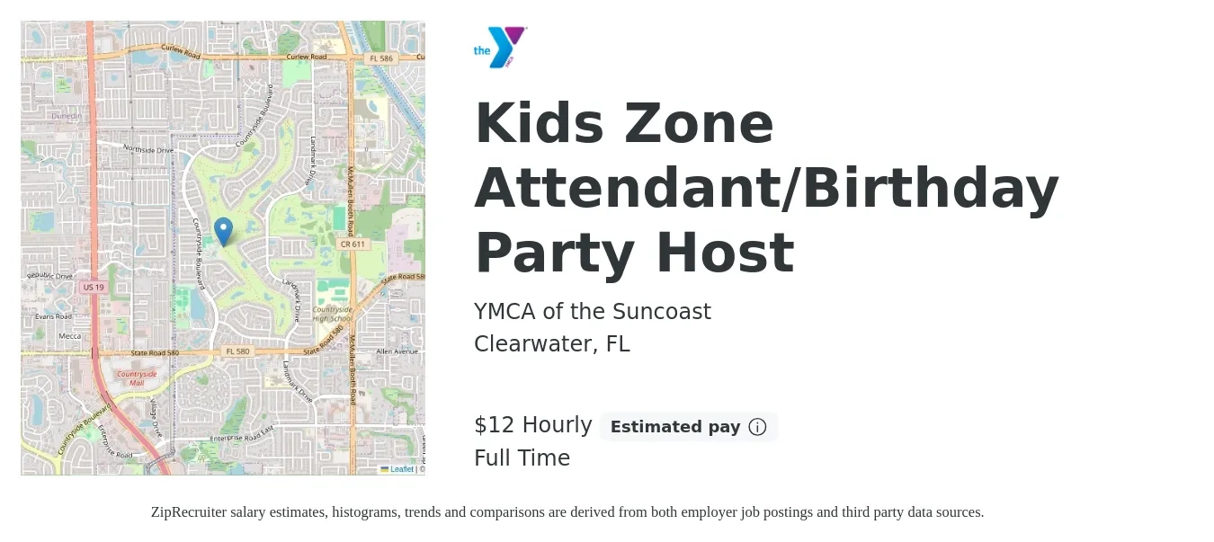 YMCA of the Suncoast job posting for a Kids Zone Attendant/Birthday Party Host in Clearwater, FL with a salary of $12 to $13 Hourly with a map of Clearwater location.