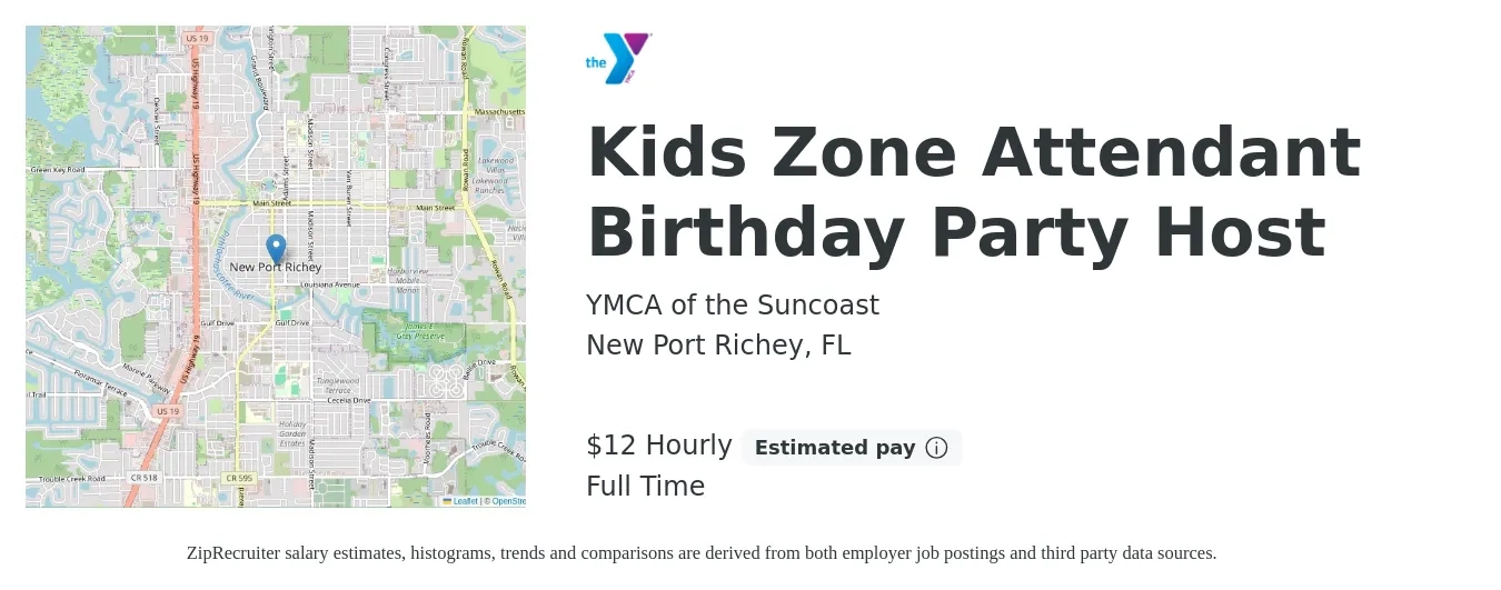 YMCA of the Suncoast job posting for a Kids Zone Attendant Birthday Party Host in New Port Richey, FL with a salary of $12 to $13 Hourly with a map of New Port Richey location.