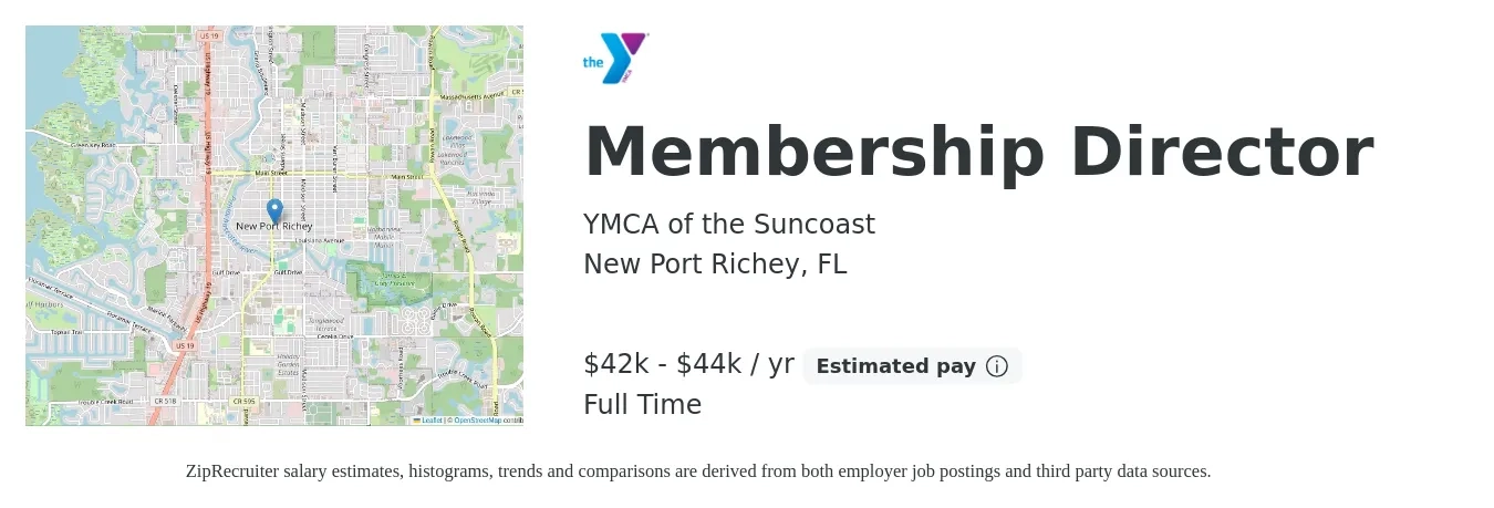 YMCA of the Suncoast job posting for a Membership Director in New Port Richey, FL with a salary of $42,000 to $44,000 Yearly with a map of New Port Richey location.