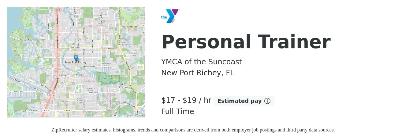 YMCA of the Suncoast job posting for a Personal Trainer in New Port Richey, FL with a salary of $18 to $20 Hourly with a map of New Port Richey location.