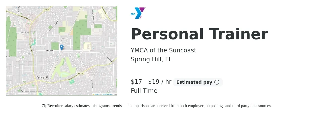 YMCA of the Suncoast job posting for a Personal Trainer in Spring Hill, FL with a salary of $18 to $20 Hourly with a map of Spring Hill location.