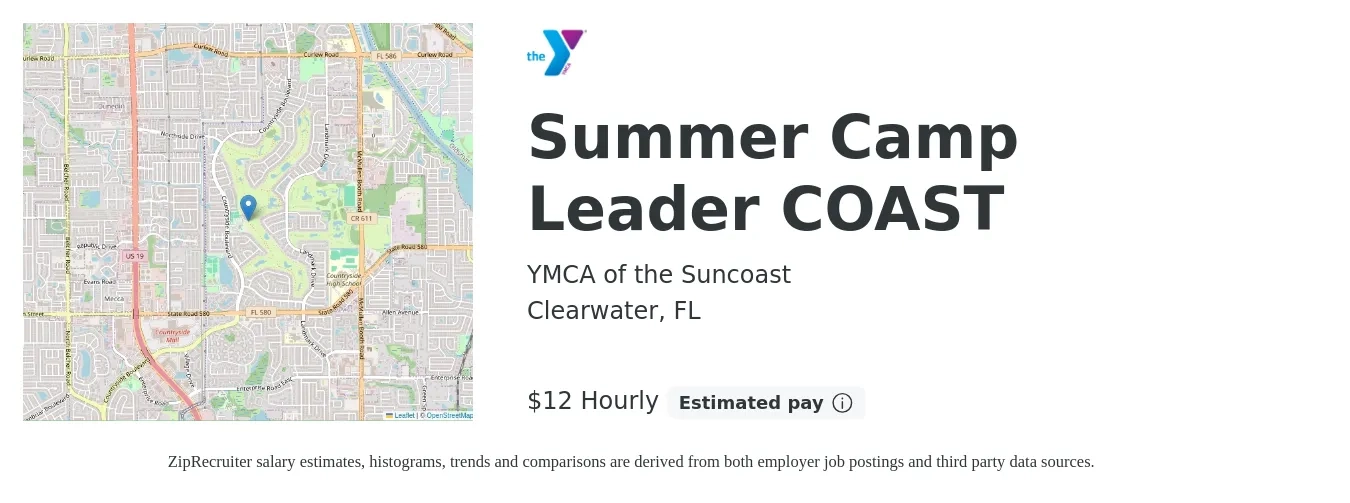YMCA of the Suncoast job posting for a Summer Camp Leader COAST in Clearwater, FL with a salary of $13 to $13 Hourly with a map of Clearwater location.