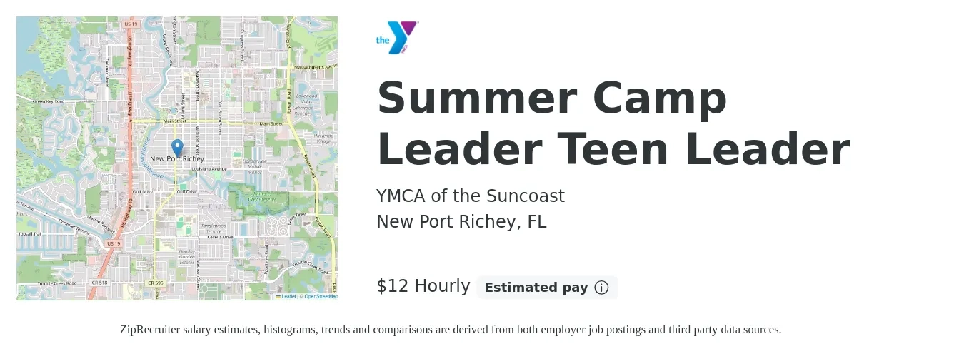 YMCA of the Suncoast job posting for a Summer Camp Leader Teen Leader in New Port Richey, FL with a salary of $13 to $13 Hourly with a map of New Port Richey location.