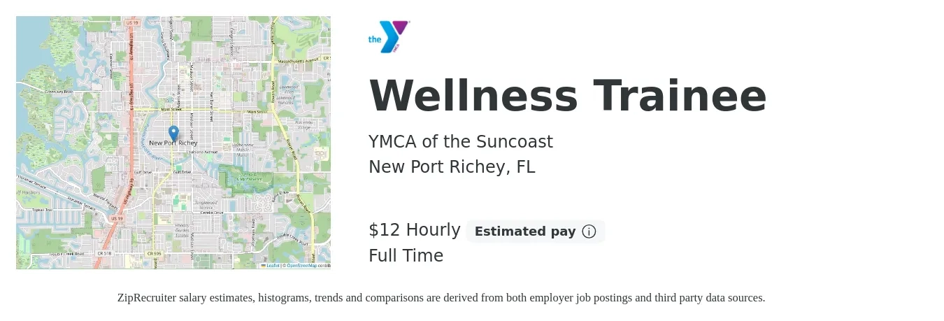 YMCA of the Suncoast job posting for a Wellness Trainee in New Port Richey, FL with a salary of $12 to $13 Hourly with a map of New Port Richey location.