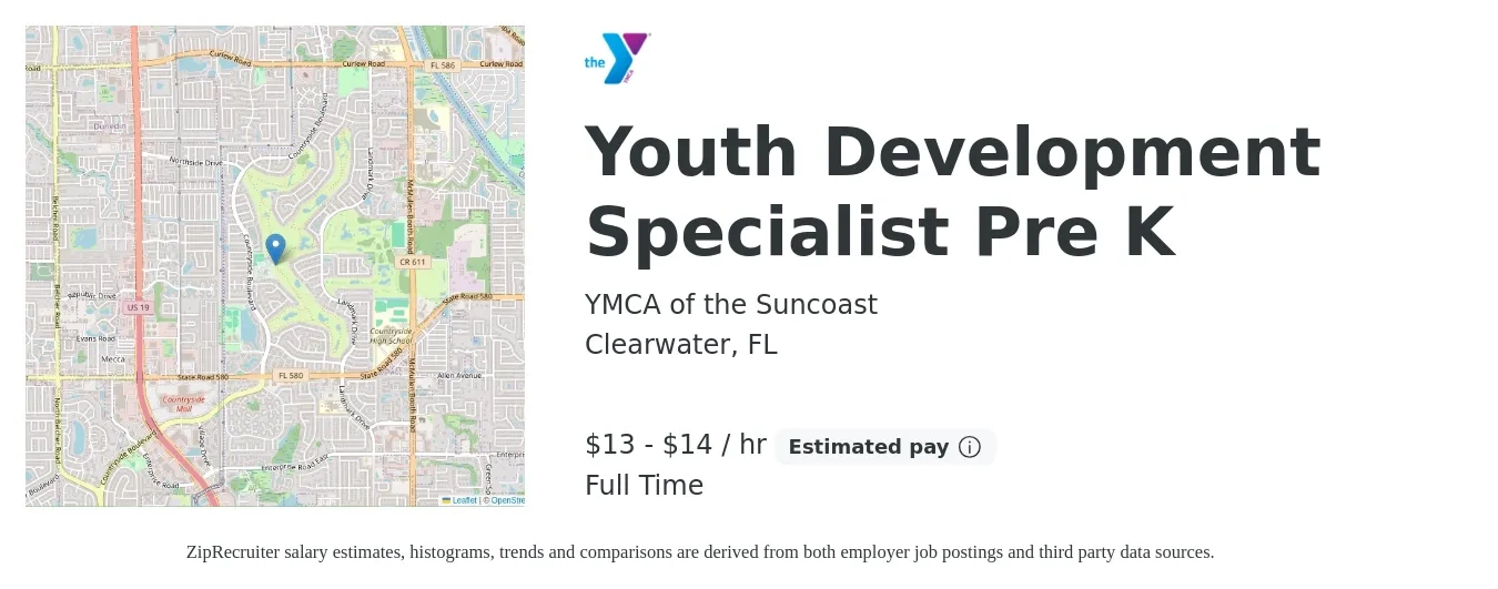 YMCA of the Suncoast job posting for a Youth Development Specialist Pre K in Clearwater, FL with a salary of $14 to $15 Hourly with a map of Clearwater location.