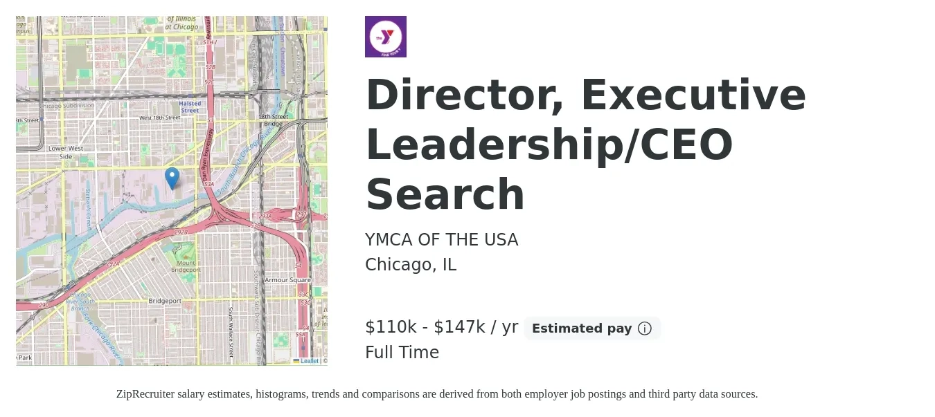 YMCA OF THE USA job posting for a Director, Executive Leadership/CEO Search in Chicago, IL with a salary of $110,900 to $147,800 Yearly with a map of Chicago location.