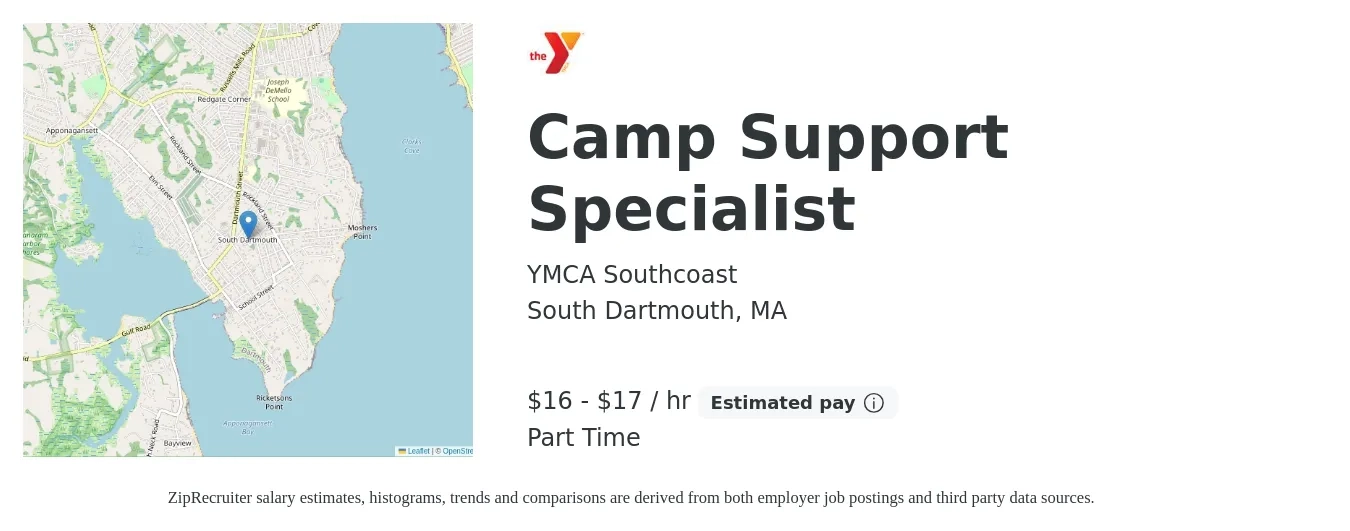 YMCA Southcoast job posting for a Camp Support Specialist in South Dartmouth, MA with a salary of $17 to $18 Hourly with a map of South Dartmouth location.