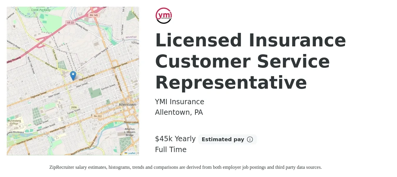 YMI Insurance job posting for a Licensed Insurance Customer Service Representative in Allentown, PA with a salary of $45,000 to $62,000 Yearly with a map of Allentown location.