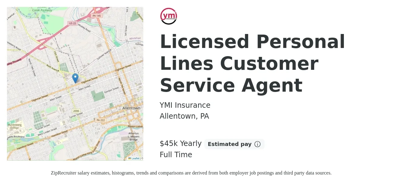 YMI Insurance job posting for a Licensed Personal Lines Customer Service Agent in Allentown, PA with a salary of $45,000 Yearly with a map of Allentown location.