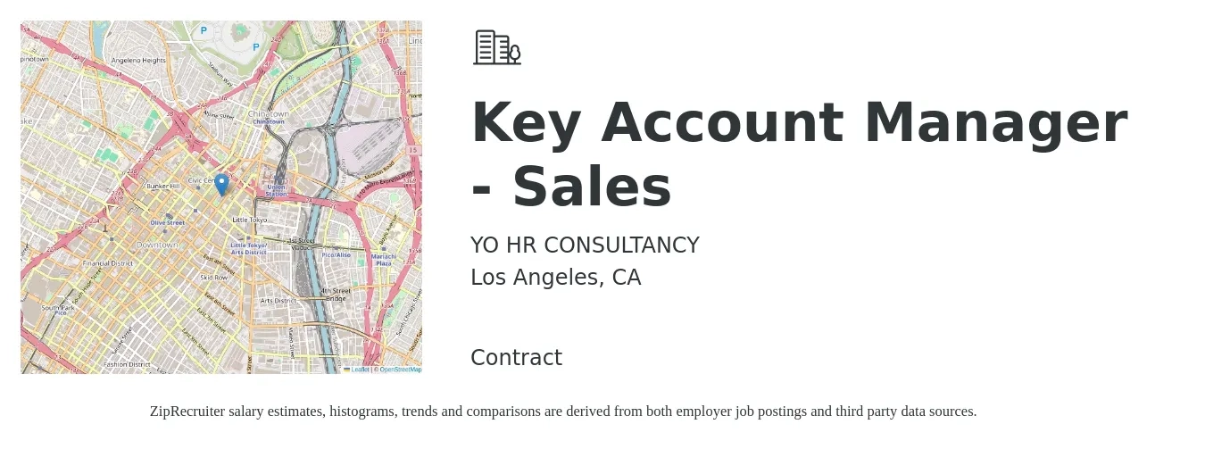 YO HR CONSULTANCY job posting for a Key Account Manager - Sales in Los Angeles, CA with a salary of $78,700 to $119,600 Yearly with a map of Los Angeles location.